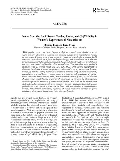 Notes From The Back Room Gender Power And In Visibility In Pdf Masturbation Sexual