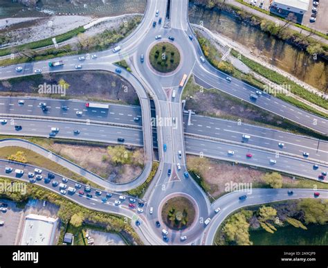 Highway Interchange Junction With Traffic Aerial Top Down View