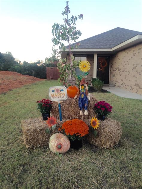 Simple Fall Decor Hay Bale Decor With Scarecrow Pumpkins Mums And