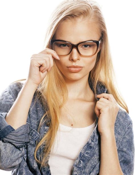 Young Pretty Girl Teenager In Glasses On White Isolated Blond Hair Modern Hipster Stock Image