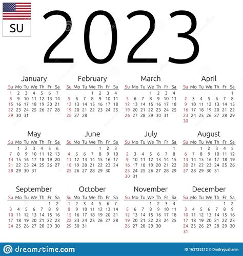 Calendar 2023 English Sunday Stock Vector Illustration Of Figure