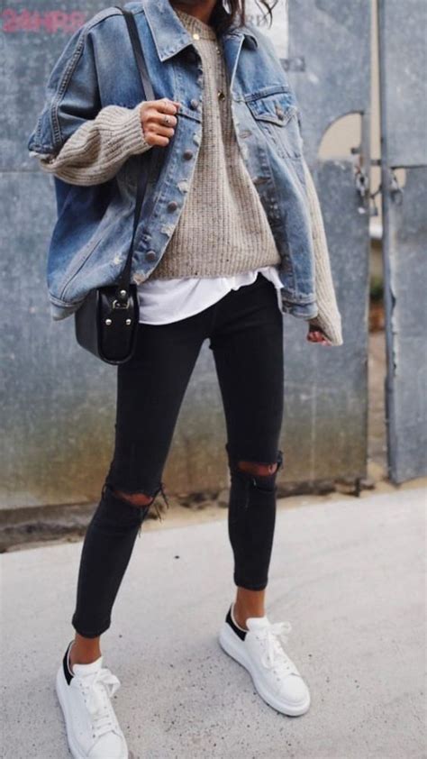 Outfit Fall Winter Denim Jack Ripped Jeans Inspiration More