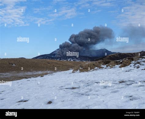 Japans Active Volcano Mount Aso Erupting In Winter Stock Photo Alamy