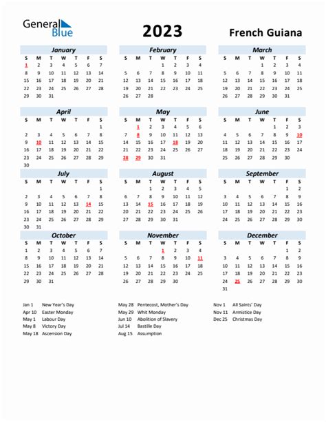 2023 Yearly Calendar For French Guiana With Holidays