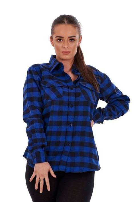 Ladies Casual Flannel Shirts Brushed Cotton Check Long Sleeve Pleated M