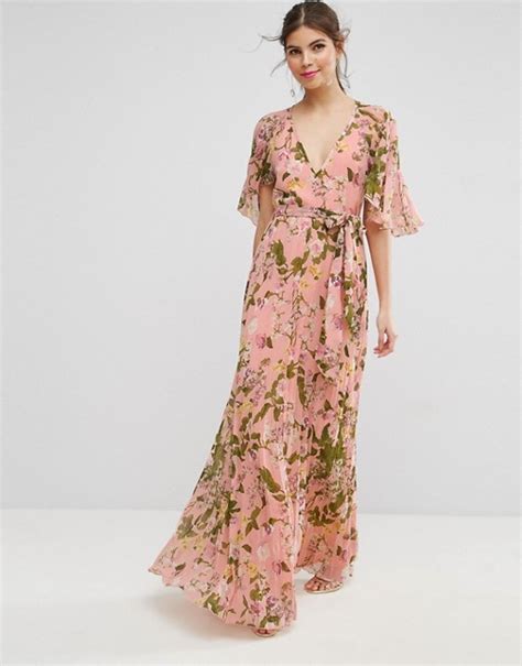 Asos Asos Floral Pleated Flutter Sleeve Maxi Dress