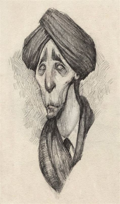 A Drawing Of A Man With A Hat And Scarf On His Head Looking To The Side