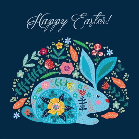 happy easter cartoon cute folk rabbit with flowers and text stock vector illustration of