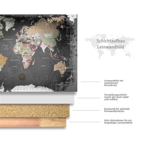 Leinwandbild Weltkarte Graphit Pinnwand Deutschcanvas Art World