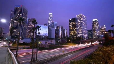 Los Angeles City Night Freeway 110 Traffic In Downtown La