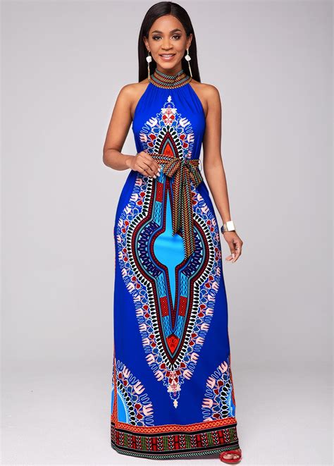 Belted Dashiki Print Bib Neck Maxi Dress Rosewe Com Usd