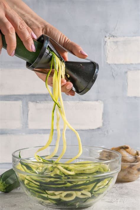 Making Zucchini Noodles With Spiralizer Stock Image Image Of Noodle