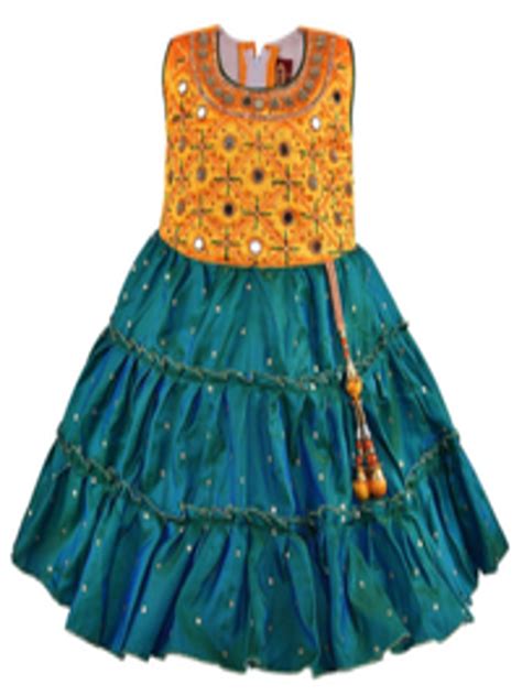 Buy Wish Karo Girls Green And Orange Embroidered Satin Frock Dress Dresses For Girls 18691110