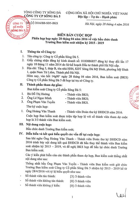 Biên Bản Cuộc Họp Về Việc Bầu Chức Danh Trưởng Ban Kiểm Soát Nhiệm Kỳ 2015 2019 Công Ty Cổ