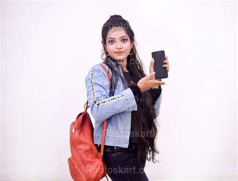 cute indian college girl showing her mobile photoskart