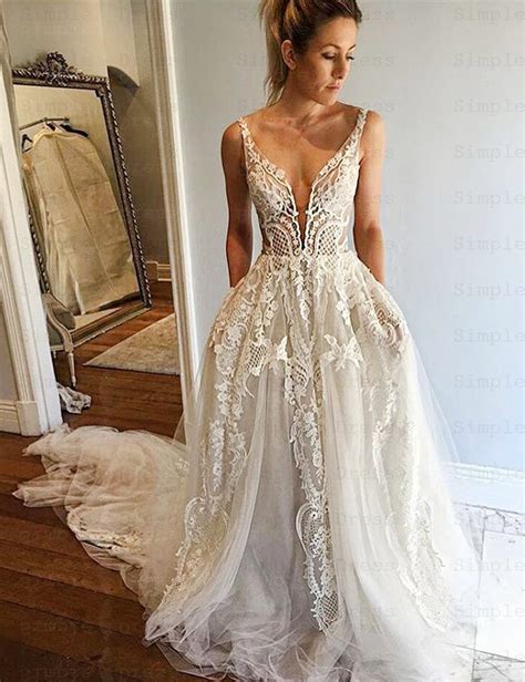 A Line Deep V Neck Court Train Ivory Tulle Wedding Dress With Lace