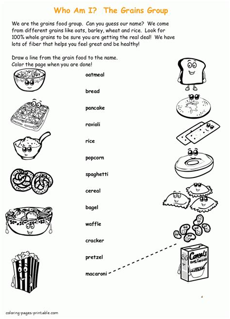 Print several sheets to keep kids entertained at your next dinner party or night out at the restaurant! Grains group. Healthy food coloring pages || COLORING ...