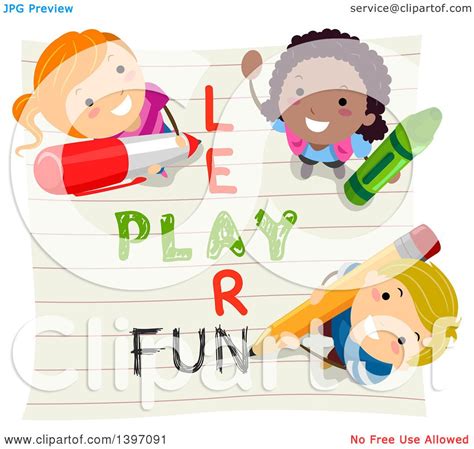 Clipart Of A Trio Of Children Looking Up While Writing Learn Play And