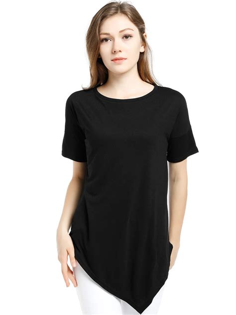 Hem Asymmetrical Black Short Sleeves Shirt O Neck Simple Causal Long