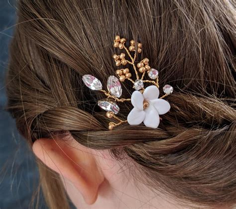 Gold And Swarovski Crystal Bridal Hairpin White Flower Wedding Hair