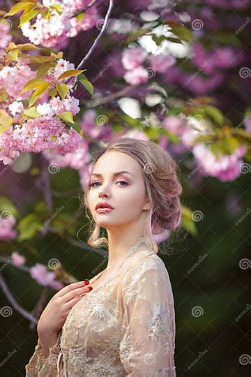 Beautiful Adult Girl Standing At Blossoming Tree In The Garden Stock Image Image Of Happy