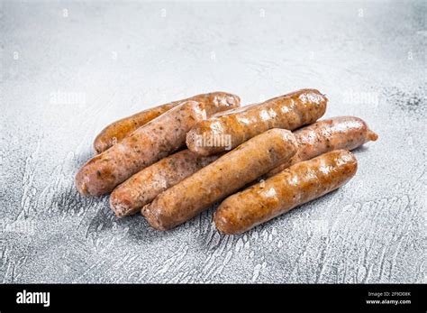 Roasted Bratwurst Hot Dog Sausages White Background Top View Stock