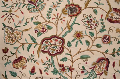 Cotton Crewel Embroidered Fabric Watlab Beige Multicolor Flr328