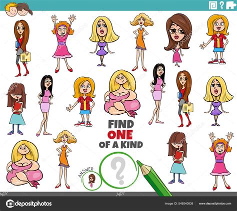 Cartoon Illustration Find One Kind Picture Task Comic Girls Women Stock Vector Image By