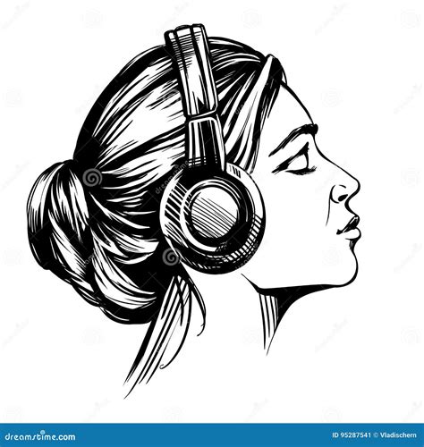 Beautiful Young Girl Listening To Music On Headphones Hand Drawn Vector