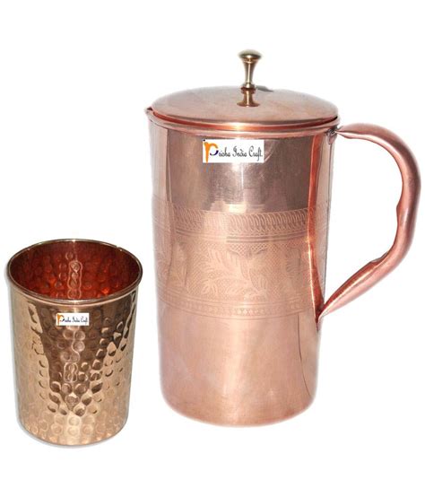 Prisha India Craft Copper Jug Handmade Jug 1600 Ml 5410 Oz With One Glass Drinkware Set