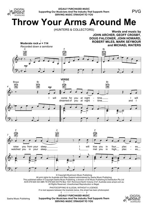Throw Your Arms Around Me Sheet Music Hunters And Collectors Piano Vocal And Guitar Chords