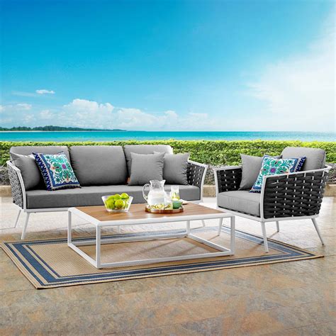 Stance 3 Piece Outdoor Patio Aluminum Sectional Sofa Set In White Gray