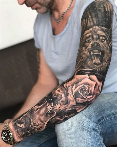 arm tattoos for men half sleeves wolf