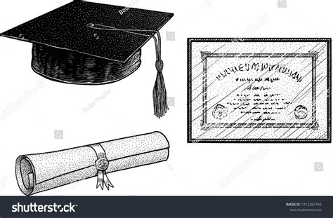 Graduation Hat Degree Certificate Illustration Drawing Engraving