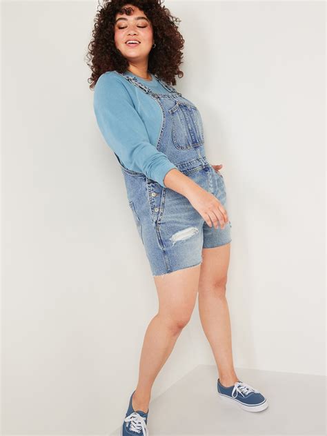 Slouchy Workwear Ripped Cut Off Jean Short Overalls For Women 35