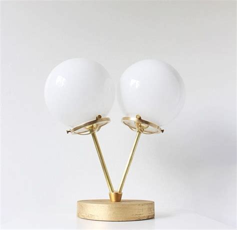 Gold Table Lamp 2 White Globes Wood Brass And Glass Desk Lamp Raw Brass Twin White Glass