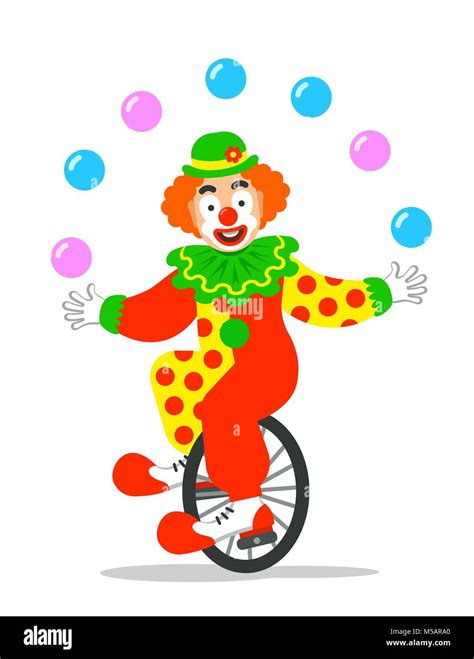 Funny Circus Clown Juggling Balls On Unicycle Vector Cartoon