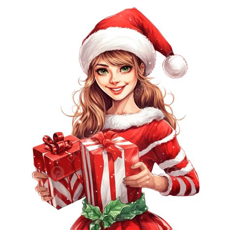 รูปสุขสันต์วันคริสต์มาส Png สาวสวยแสนสุขมีความสุขกับของขวัญในชุดเอลฟ์ผู้ช่วยซานตาคลอส สาว
