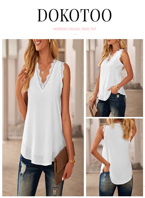 dokotoo womens white tank tops flowy lace trim shirts summer tops v neck tank tops summer casual