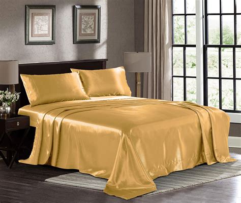 Satin Sheets King 4 Piece Gold Hotel Luxury Silky Bed Sheets Extra