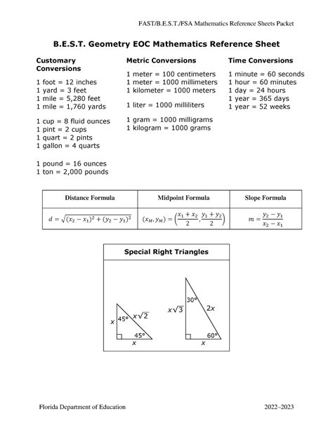 Geometry Reference Sheet Bes Geometry Eoc Mathematics Reference