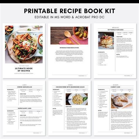 Printable Recipe Book Kit Editable Recipe Template For Word Simple
