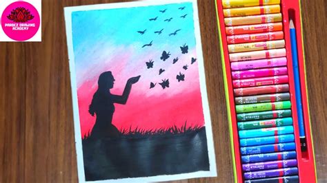 Girl With Butterfly Dream Scenery Drawing With Oil Pastels