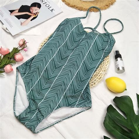 Bademode Frauen 2017 Sexy Einem Stück Badeanzug Grün Streifen Drucken Aushöhlen Badeanzug