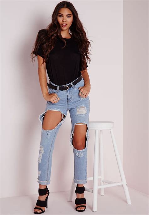 Missguided Extreme Rip Mom Jeans Bleached Blue Designer Jeans For Women Mom Jeans Womens