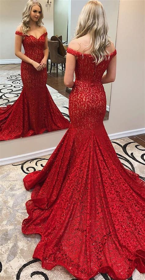 Formal Red Mermaid Evening Dresses For Womenmodest Off The Shoulder Long Prom Dresses