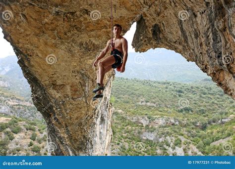 Rock Climber Hanging On Rope Stock Image Image Of Extreme Adult