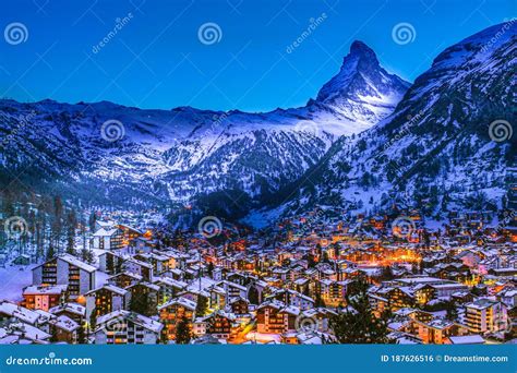 Zermatt In Switzerland By Night The Matterhorn In The Background Stock