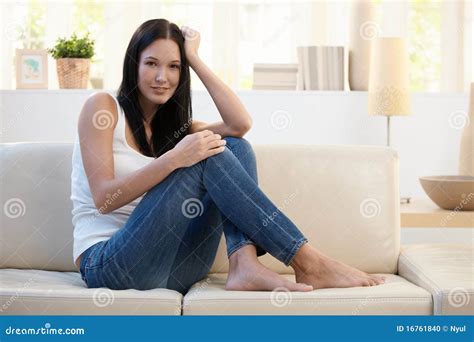 Pretty Woman Posing On Couch Stock Photo Image