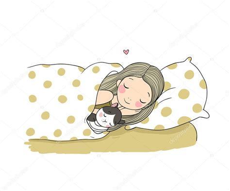 Sleeping Girl And Cat In Bed Good Night — Stock Vector